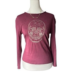 Zara Boy’s Skull Graphic Maroon Long Sleeve Goth Grunge Women’s XS Embroidered